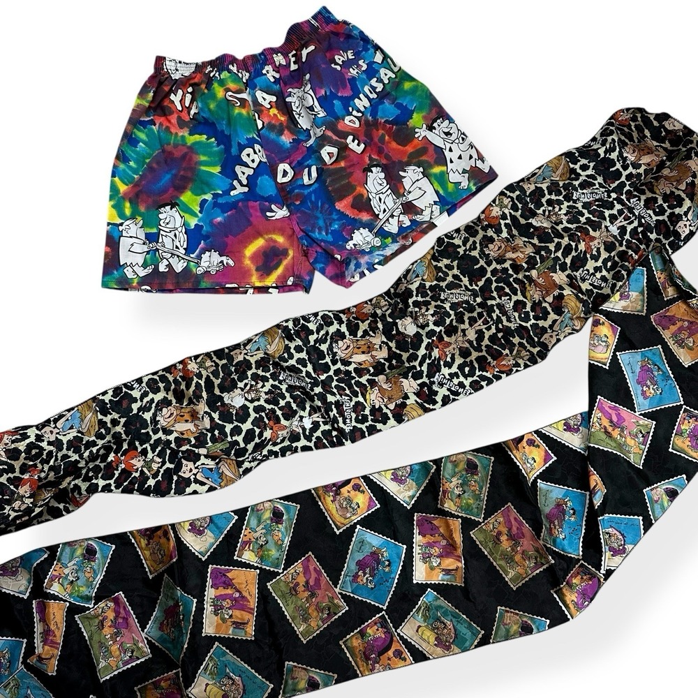 VTG The Flinstones Lot - Tie Dye Boxer Shorts Fred Barney‎ Leopard Print Scarves
